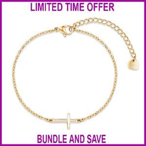 14K Gold Plated Sideways Cross Bracelet Adjustable Rolo Chain Faith Jewelry